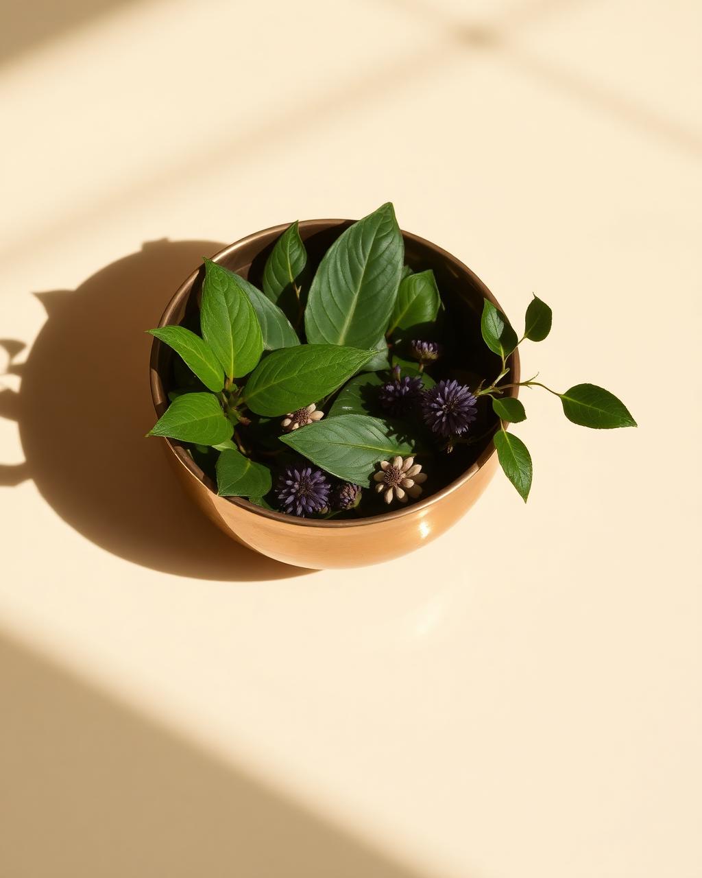 Brass bowl with fresh botanicals on an ivory surface