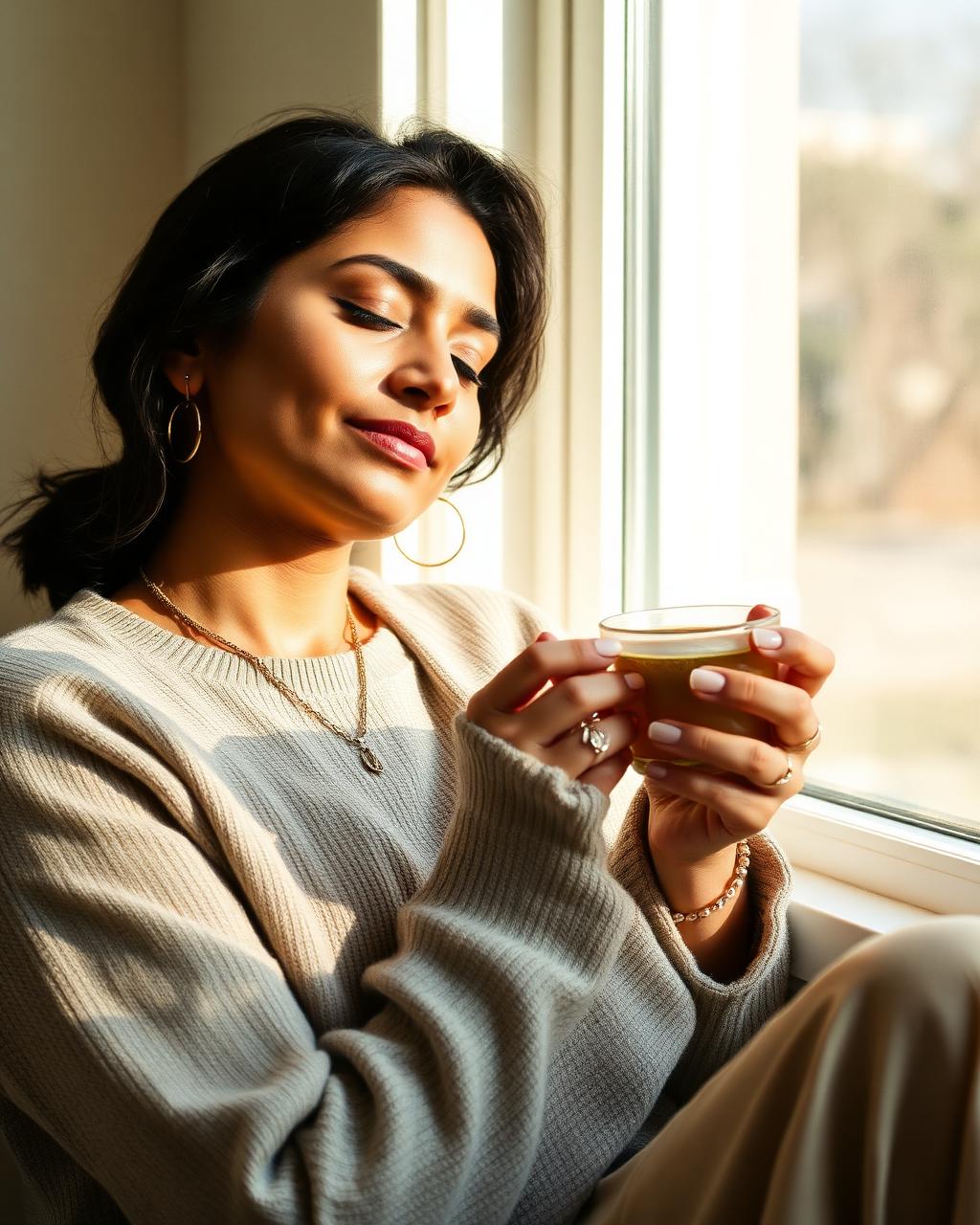 Woman resting calmly with a warm herbal drink near a window