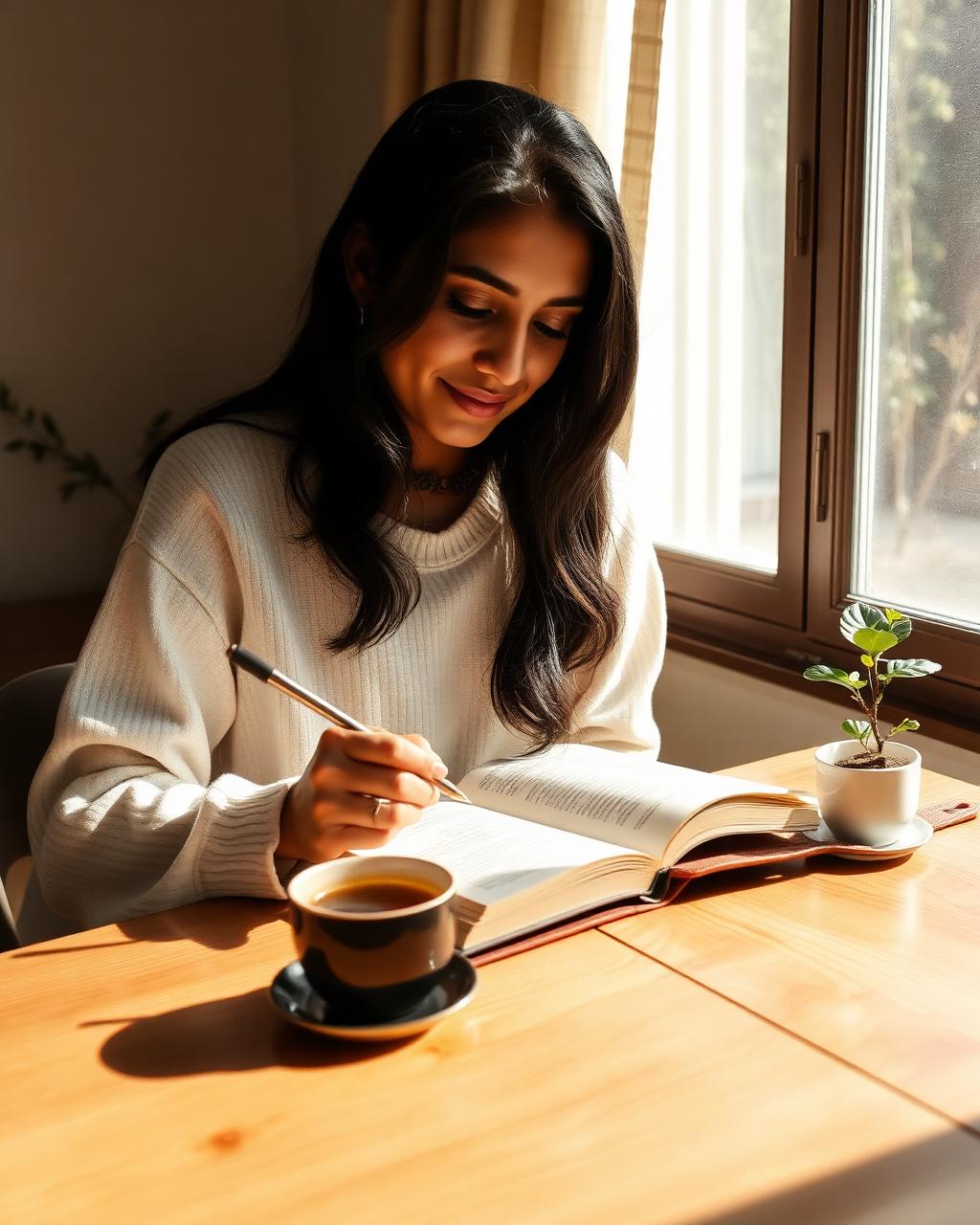 Woman journalling at a sunlit table with tea and a plant