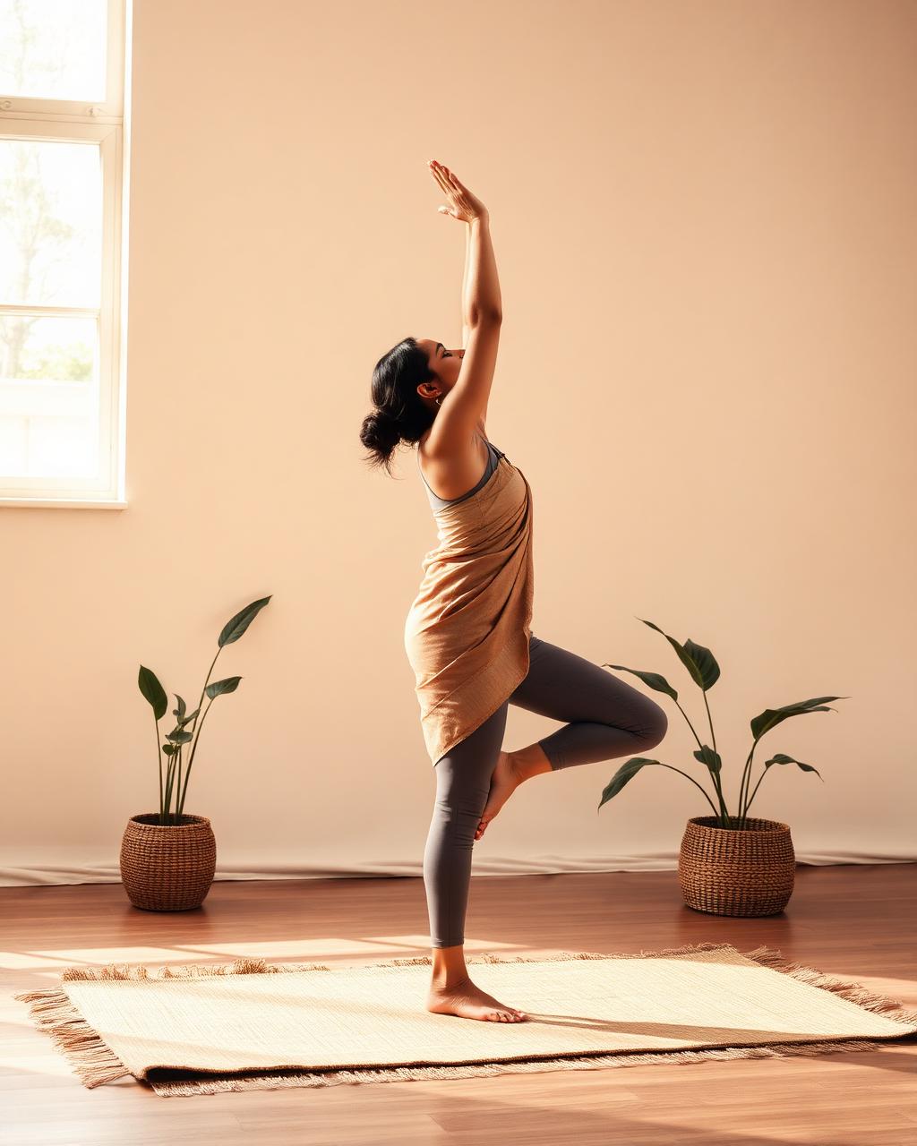 Woman practising a standing yoga posture in warm sunlight